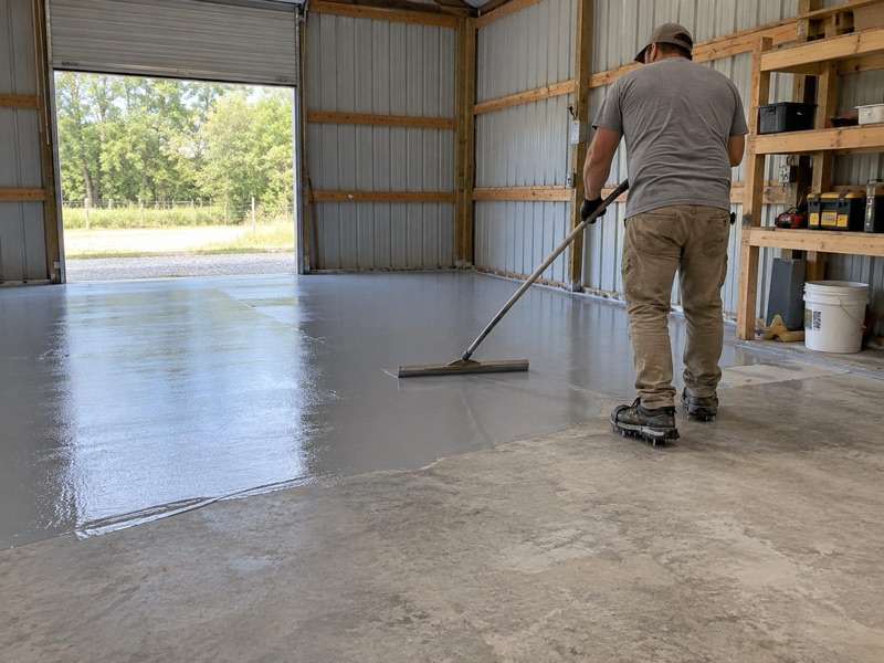 Man spreading a glossy gray coat with a squeegee across the concrete floor of a metal shop building